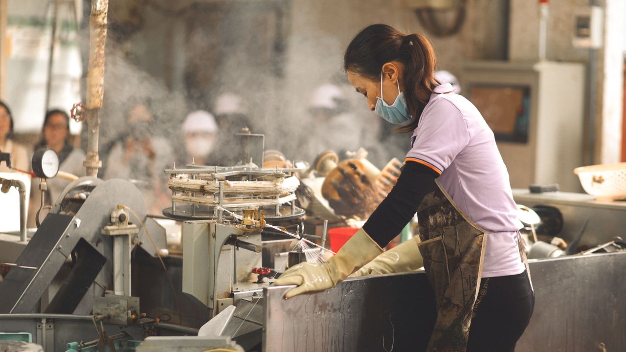 Woman in safety gear working with industrial machinery in a factory setting. Safety and industry themes.